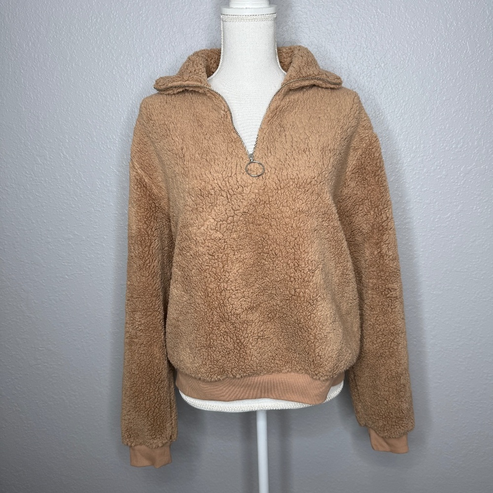 Topshop Tan Teddy Fleece Quarter Zip‎ Up Pull Over Size 10 -cp